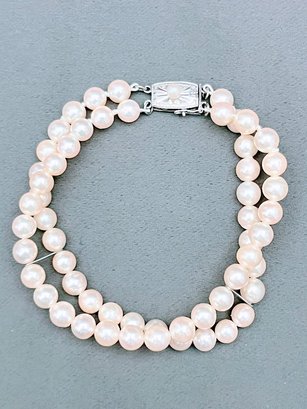 Vintage Double Strand Vintage Pearl Bracelet With Safety Clasp Marked Silver