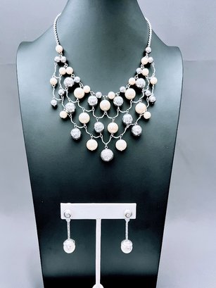 Brighton Jewelry Set With Faux Pearls And Sliver Beads Bib Necklace And Earrings Set