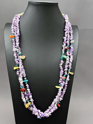 Three Strand Amethyst And Multi Gemstone Chip Necklace With Soft Wrapped Top 30' Long