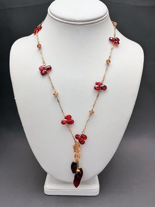 10k Tested Gold Garnet And Topaz Faceted Gemstone Beads Lariat Necklace 25' Long 36.6 Grams Total Weight