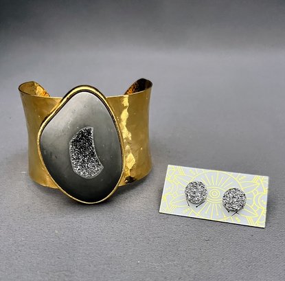 Gold Tone And Druzy Stone Bangle With Matching Gray Druzy Stud Earrings, Retail On Earrings $75