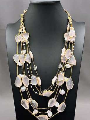 Rose Quartz And Flat Fresh Water Pearl Necklace Retail $500, Gold Tone 32'long With 6.5' Extender