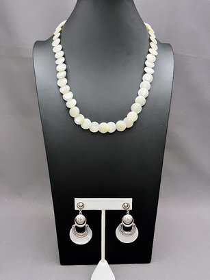 Mother Of Pearl With 950 Silver Earrings Signed Vivac Mother Of Pearl Disk Necklace