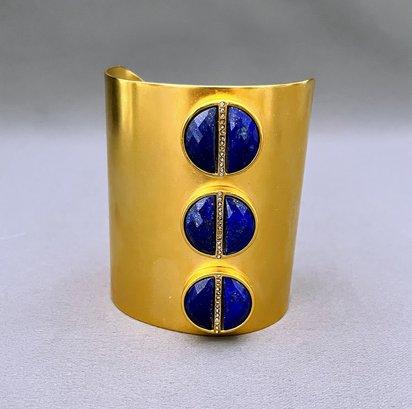 Gold Cuff With Clear Semi-precious Gemstone And Faceted Lapis