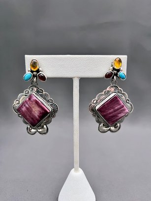 Purple Spiney Oyster Native American Arts Earrings With Turquoise, Citrine And Garnet