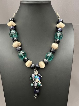 Funky Chunky Silver Tone, Bluestone And Teal Necklace With Cultured Pearls And Crystals, Silver 925 Clasp