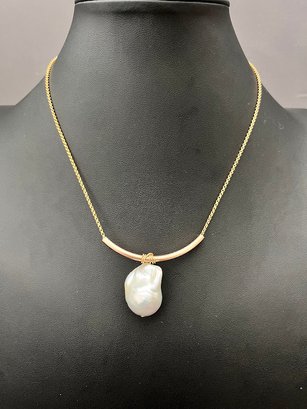 Beautiful Large Baroque Pearl Wrapped On Copper Tube On 15' Gold Filled Chain, Pearl 1' Long X .75' W