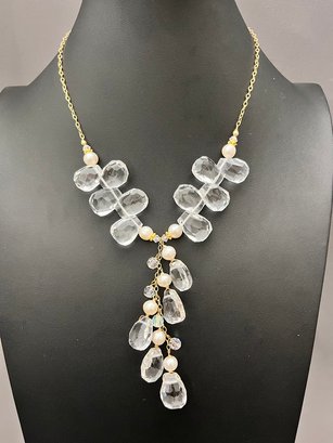 Clear Faceted Sparkling Stone With White Cultured Pearls On Gold Filled Necklace, No Marks