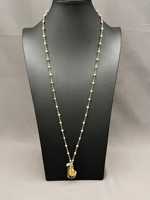 Sophia & Chloe Cultured Pearl Gold Plated Necklace With Faceted Gemstone Dangle 32' Long, 1.5' Charm Dangles