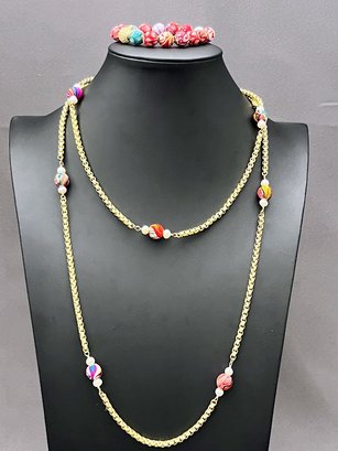 Kantha Textile Bead Necklace And Matching Bracelet Set  44' Long, 6.5 Bracelet