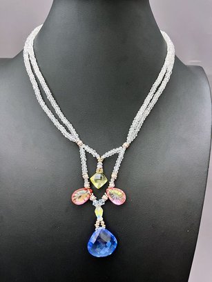 Faceted Gemstone Necklace With Sterling Clasp, Large Stones, Small Quartz Beads 16' Long With 3' Extension