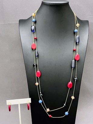 Talbots Jewelry Set, Long Necklace With Stones And Earrings, New With Tags Retail $90