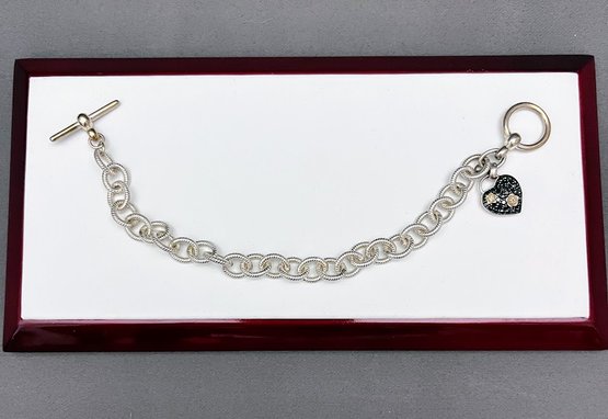 Dweck Diamonds Sterling Silver Charm Bracelet With Small 3D Black Diamond Heart And Flowers 7.50' Long