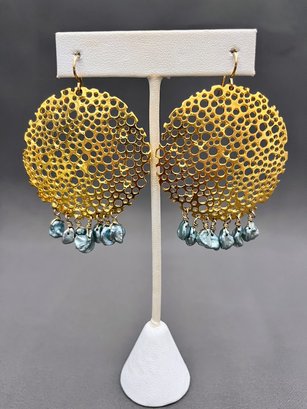 Gold Plated Sterling Silver Holey Disk Earrings With Blue Free Form Pearls, Unsigned, 2' Long