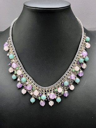 QINTI Silver Bib Necklace With Faceted Natural Amethyst, Rose Quartz With A Peacock Safety Clasp Retail $650
