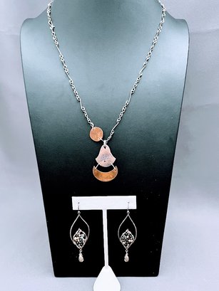 Silver Tone Necklace With Silver And Copper Pendant Engraved With A Tree 26' Long, And Beaded Earrings 4' Long