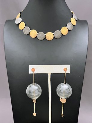 Gold And Silver Disc Choker Marked 925 With Magnetic Clasp And Interesting Disc And Glass Globe Earrings