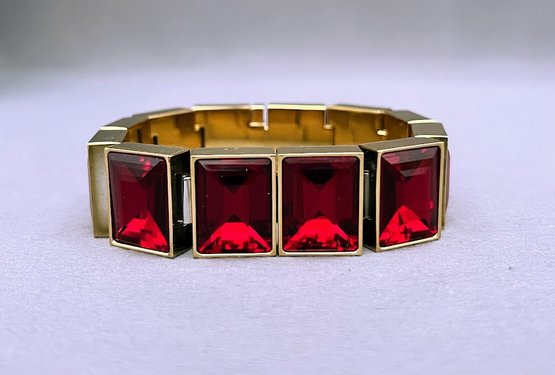 Signed Michael Kohrs Large Wide Red Rhinestone Statement Bracelet Retail:$250  7.25' Long