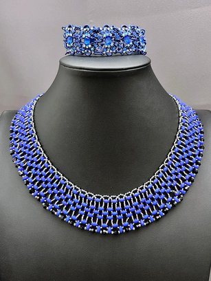 Blue And Silver Beaded Choker And Blue Crystals Bracelet