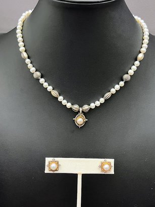 Signed Pearl Necklace With Sterling Beads, Pearl, Sterling And 22K Gold Pendant With Matching Earrings