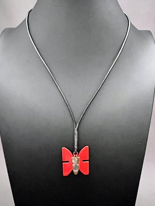 Artisan Made Signed Metal Butterfly Pendant On Leather Cord With Silver Handmade Clasp 22' Long