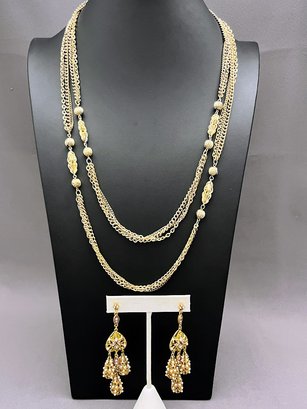 Triple Strand Gold Tone Necklace With Gold Balls, Drop Earrings With Seed Pearls
