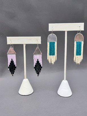 2 Pairs Of Suga Jewelry Long Drop Beaded Earrings, Lilac And Navy Triangle Top, Turquoise And Cream Round Top