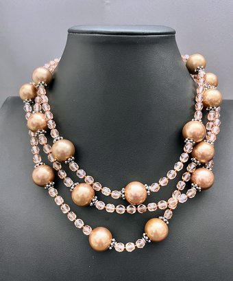 Artisan Made Triple Strand Sterling, Bronze Glass Pearls And Faceted Dusty Rose Crystals  16' - 19' Long