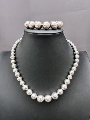 Silver Tone Graded Ball Bead Necklace And Matching Bracelet