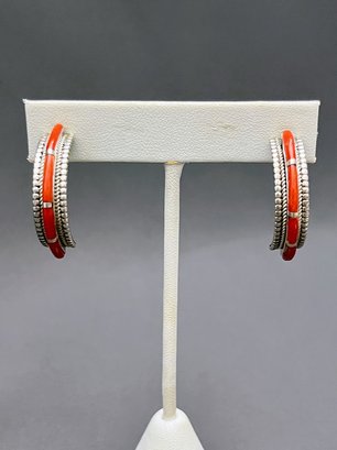 Native American Style Sterling Silver And Coral Half Hoop Earrings, 1.25' Hang, Unsigned