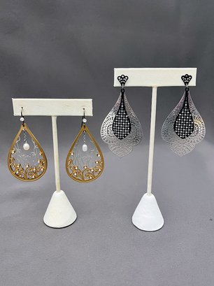 2 Pair Of Metal Boho Drop Earrings, Light Weight, Gold And Silver Tone With Pearls, Black And Silver Tone