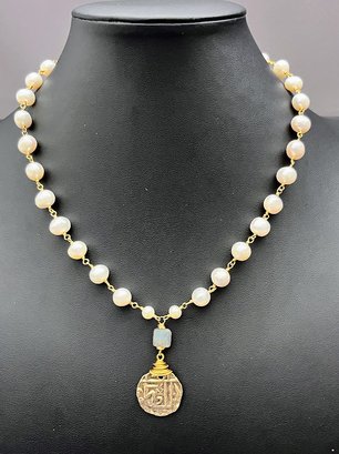 Dolce De Leti Pearl Necklace With Gold Tone Medallion, 14K GF Clasp, 18' - 19.5' Long