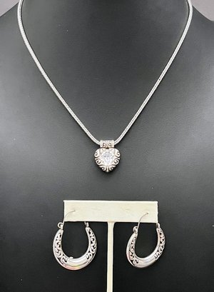 Brighton Dual Sided Heart Pendant Necklace With Swirls And Swarovski Crystals And Matching Hoop Earrings