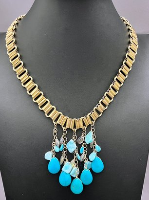 Devon Leigh Jewelry Gold Tone And Turquoise Raindrop Necklace 20' Long X 3' Hang X .50 Wide