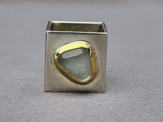 Unusual Square Ring  (?) With Natural Stone Marked GP And 925 - Unsigned