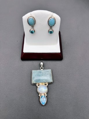 Sterling SilverRaw Aquamarine, Topaz And Moonstone Pendant Signed And 925 Earrings With Aqua And Topaz