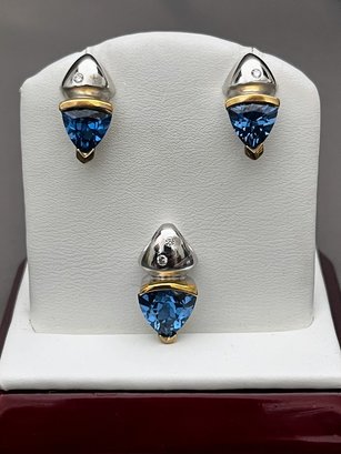 Sterling Silver, Blue Topaz, Diamond And 18K Gold Pendant And Matching Earrings, Signed CS
