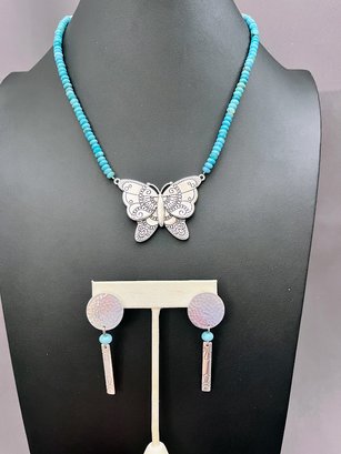 Brighton Silver Tone Butterfly With Turquoise Beads With Matching Earrings