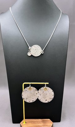 Silver Disk Textured Pendant With Ring Charms 30' Long With Matching Silver Disk With Gold Accent Earrings
