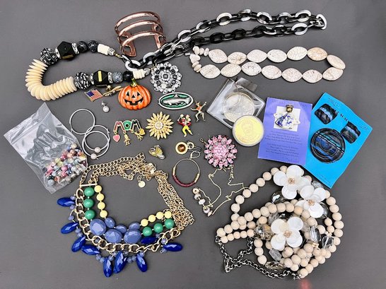 Craft Orphaned And Broken Jewelry Lot - Brooches, Earrings, Necklaces, Medallions, Pins, Artisan Handmade