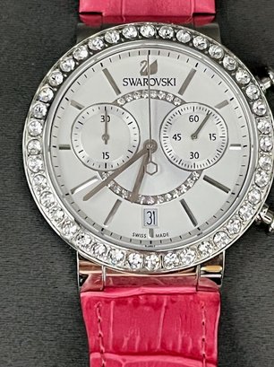 Sparkly Swarovski Citra Sphere Chronograph Watch With Pink Calf Skin Leather Band 40mm Face Retail $300