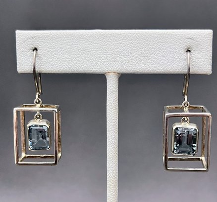 Beautiful Caged Blue Sapphire Dangle Sterling Silver Earrings Unsigned