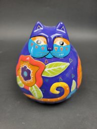 LAUREL BURCH Cat Piggy Coin Bank Purple Floral Fat Kitty 6 1/4' Signed Vintage