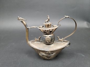 Chinese Silver And Jade Teapot - Small With Buddha, Rabbit, Frogs And Dragons