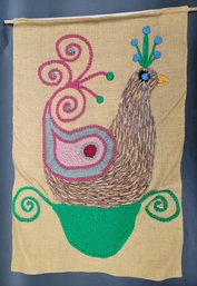 Fiber Art Chicken On A Nest Large Wall Hanging Chunky Embroidery 32x22