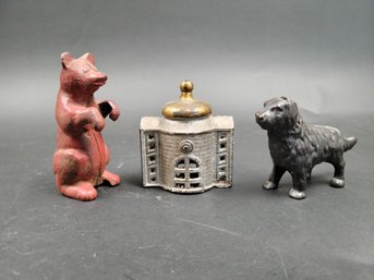 Iron Banks - Red Bear - Bank Bank - And A Dog - Small - Vintage And Antqiue