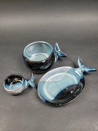 Hull Whale Tail Pottery Bowls And Plate - Mcm