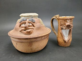 Ugly Face Studio Pottery Bowl With Lid And Coffee Mug 1970's