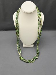 Mother Of Pearl Beaded Double Strand Necklace With Silvertone Clasp, Beads Dyed Green