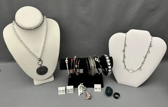 Vintage Goth Emo Black Skull Rave Lot Of Jewelry - Earrings, Bracelets, Pins, Evil Eye, Pearls, Rhinestones